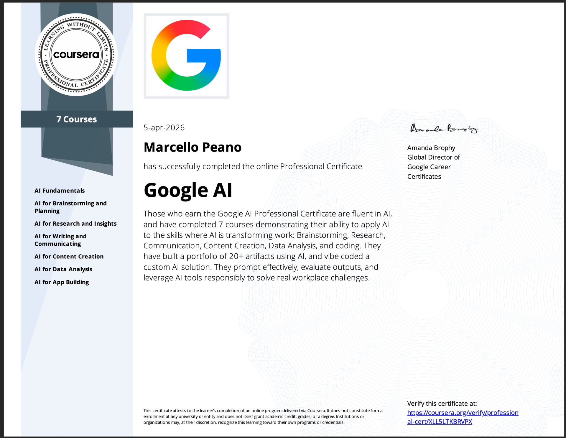 Google AI Professional Certificate — Coursera