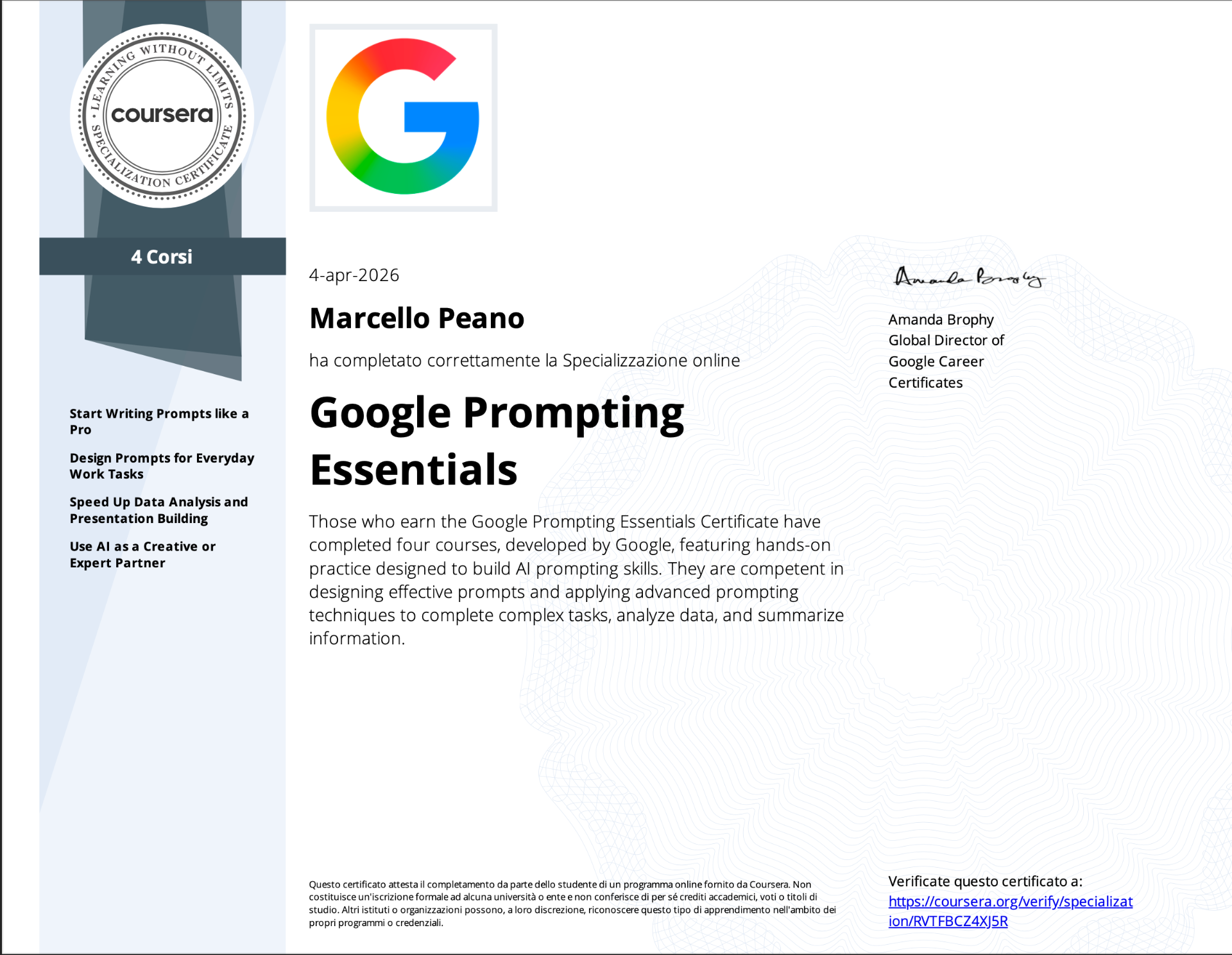 Google Prompting Essentials — Coursera