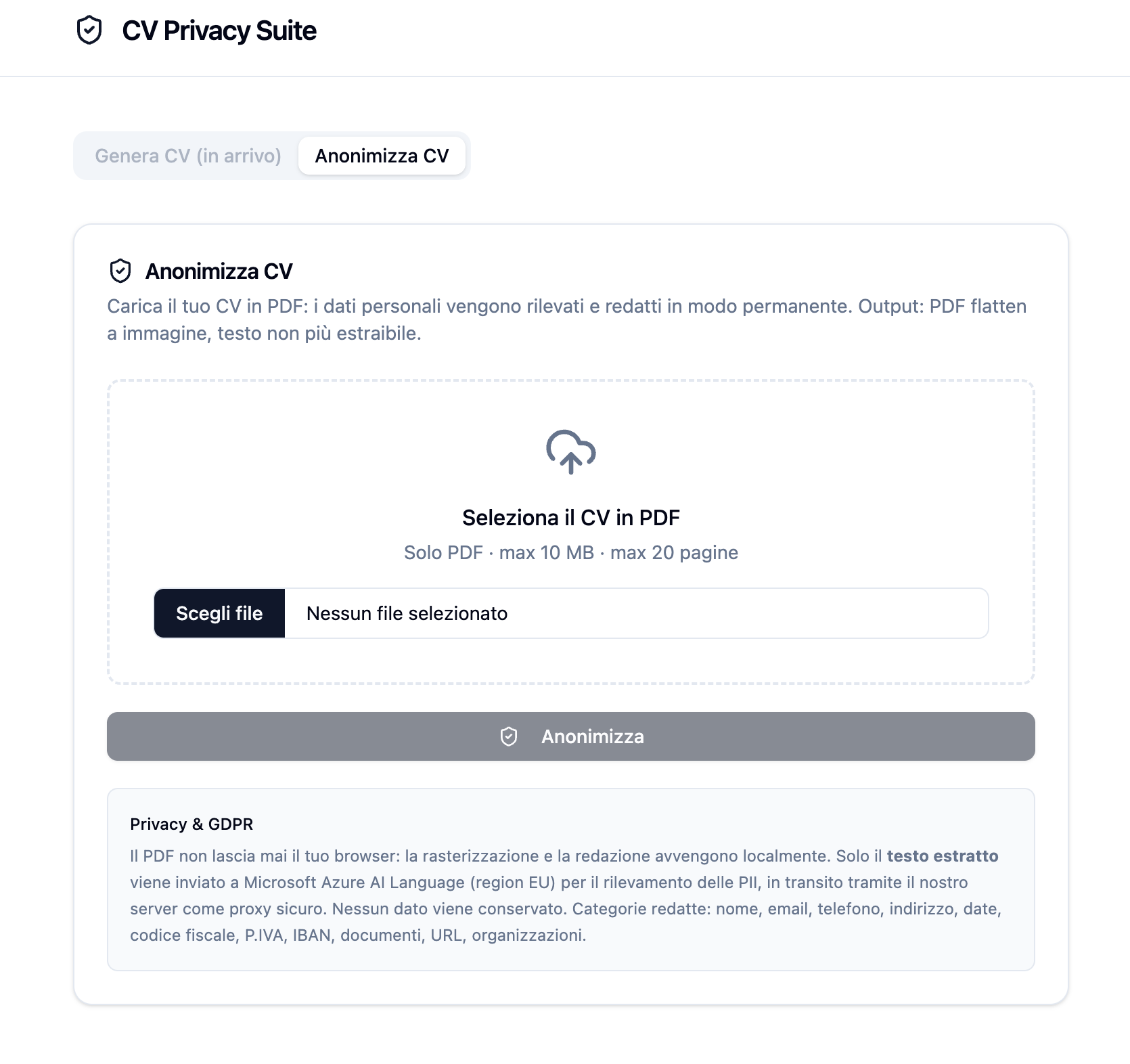 Web App · Anonimizzazione CV